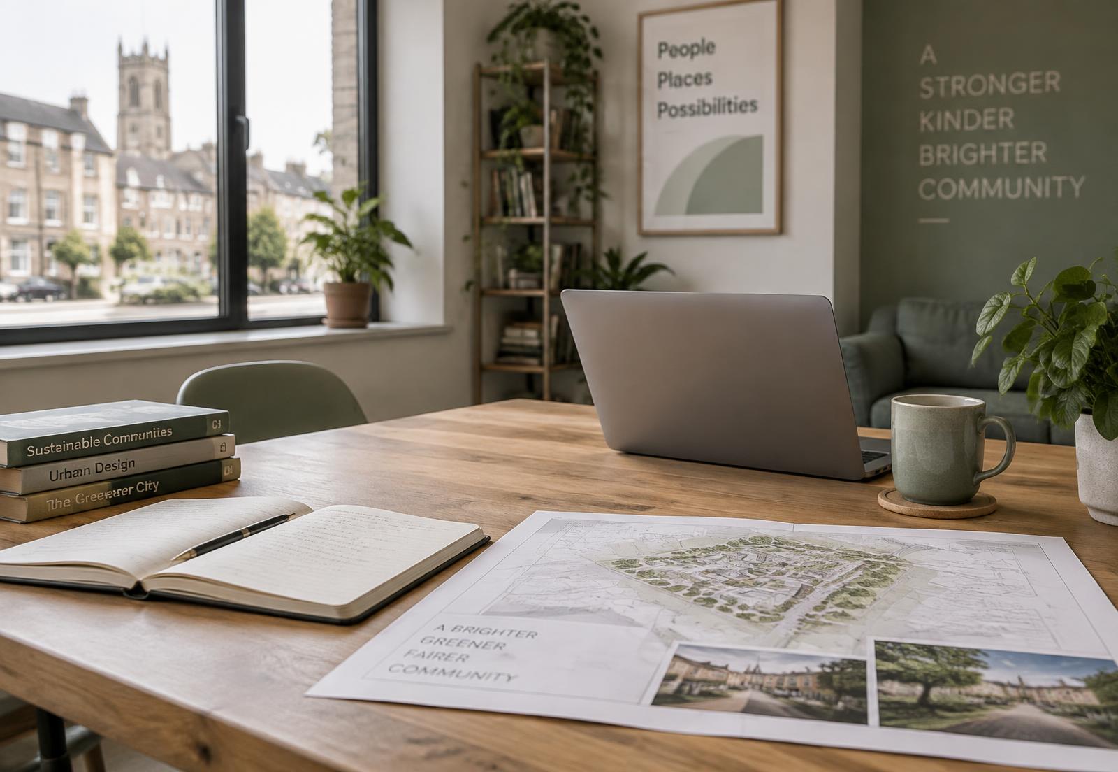 A community organisation's workspace with plans, a notebook and a laptop on a wooden table